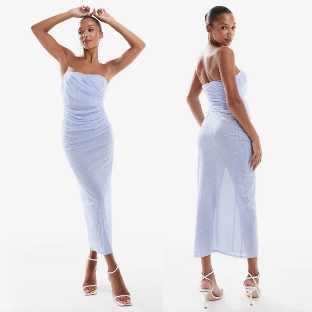 ASOS- Pearl Pencil Midi Dress in Pale Blue Strapless with Pearls Size US 8